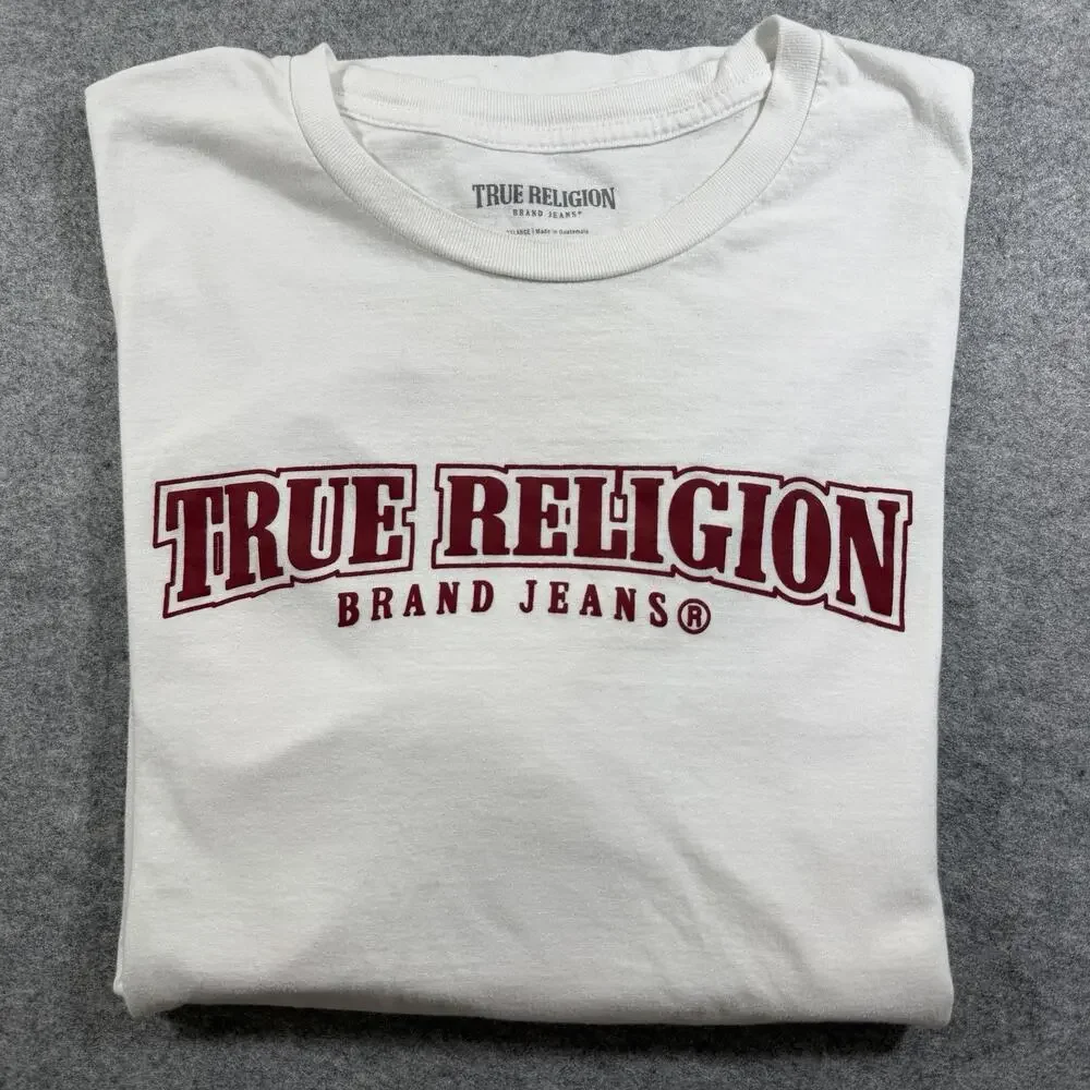True Religion T Shirt Mens 3XL White Red Horseshoe Paint Logo Relaxed Fit Street